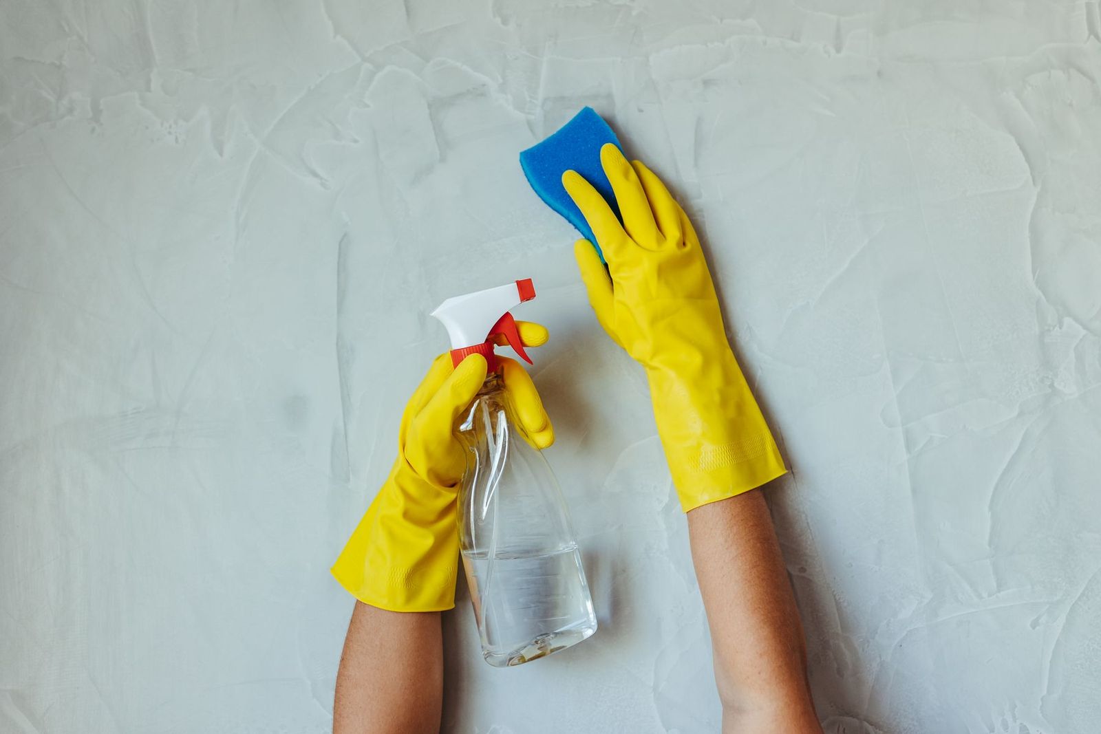 Hände in Handschuhen reinigen eine Wand mit Sprühflasche und Schwamm